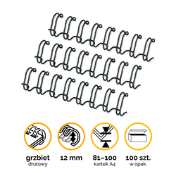 Spirāles iesiešanai, metāla, melnas, 12mm, 100 gab., Fellowes