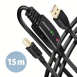 USB kabelis Axagon USB-A - USB-A, USB-B, 2.0, aktīvais pagarinātājs, 15m, melns