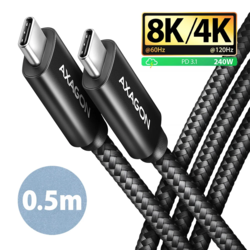 USB kabelis Axagon USB-C - USB-C, 4 Gen 3x2, PD 240W, 8K60Hz, 50cm, melns
